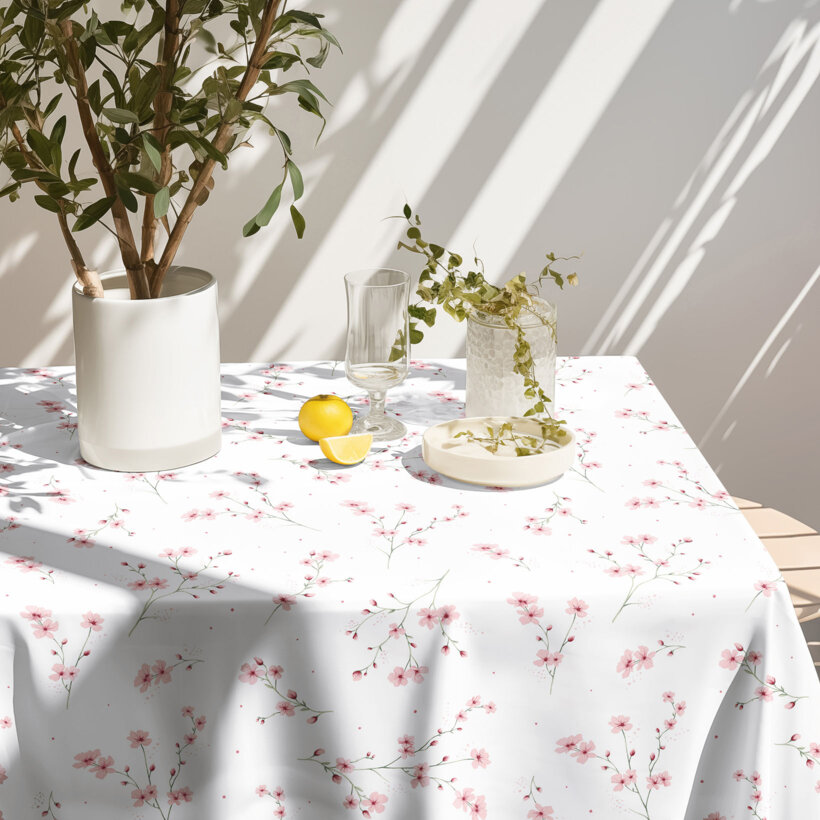 Eckige Tischdecke 100% Baumwolle - Blühende Sakura-Kirschbäume