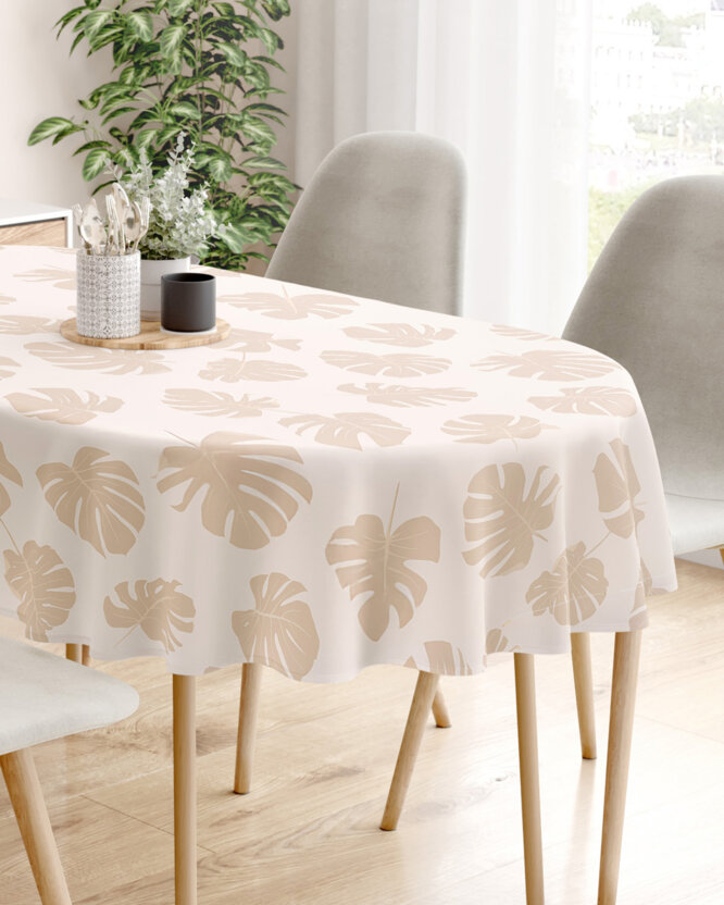 Ovale Tischdecke aus 100% Baumwolle - Tropische Blätter auf Beige