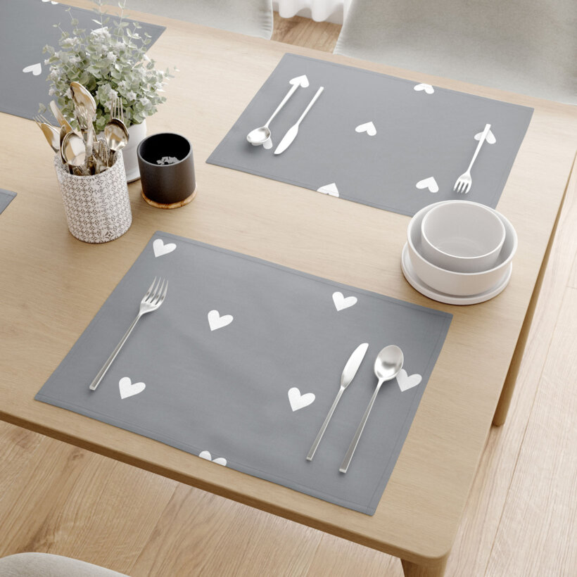 Tischset 100% Baumwolle - Herzchen auf Grau - 2 Stück