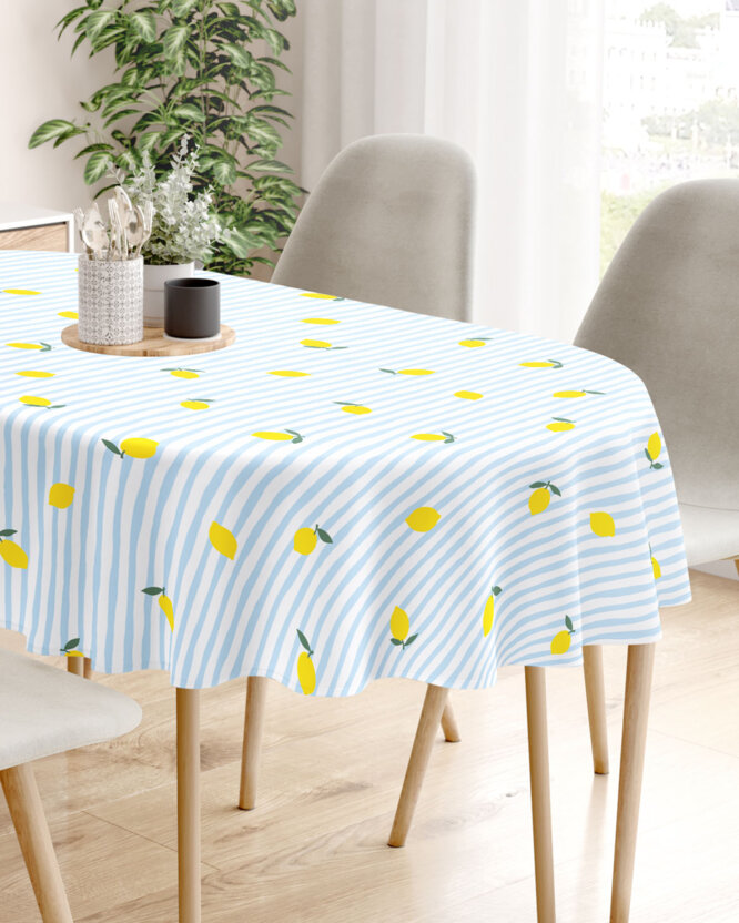 Ovale Tischdecke aus 100% Baumwolle - Frische Zitronen mit Streifen