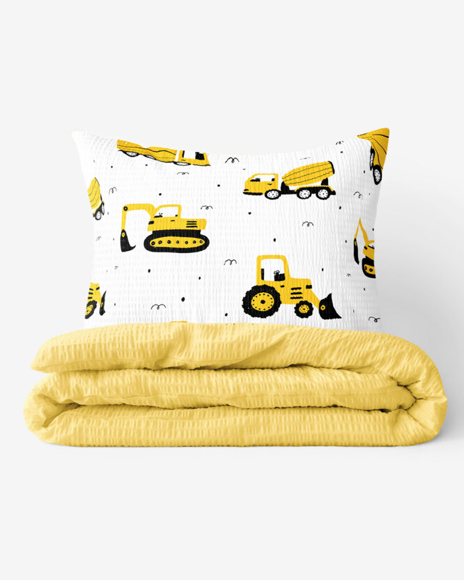 Kinder - Seersucker Bettwäsche Duo - Bagger und Baufahrzeuge mit gelb