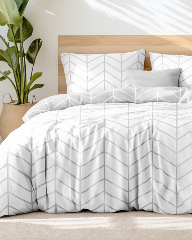 Bettwäsche aus Baumwolle - Zickzack auf Weiß mit Grau