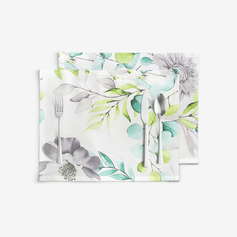 Tischset 100% Baumwolle Deluxe - Eukalyptus mit Blumen - 2 Stück