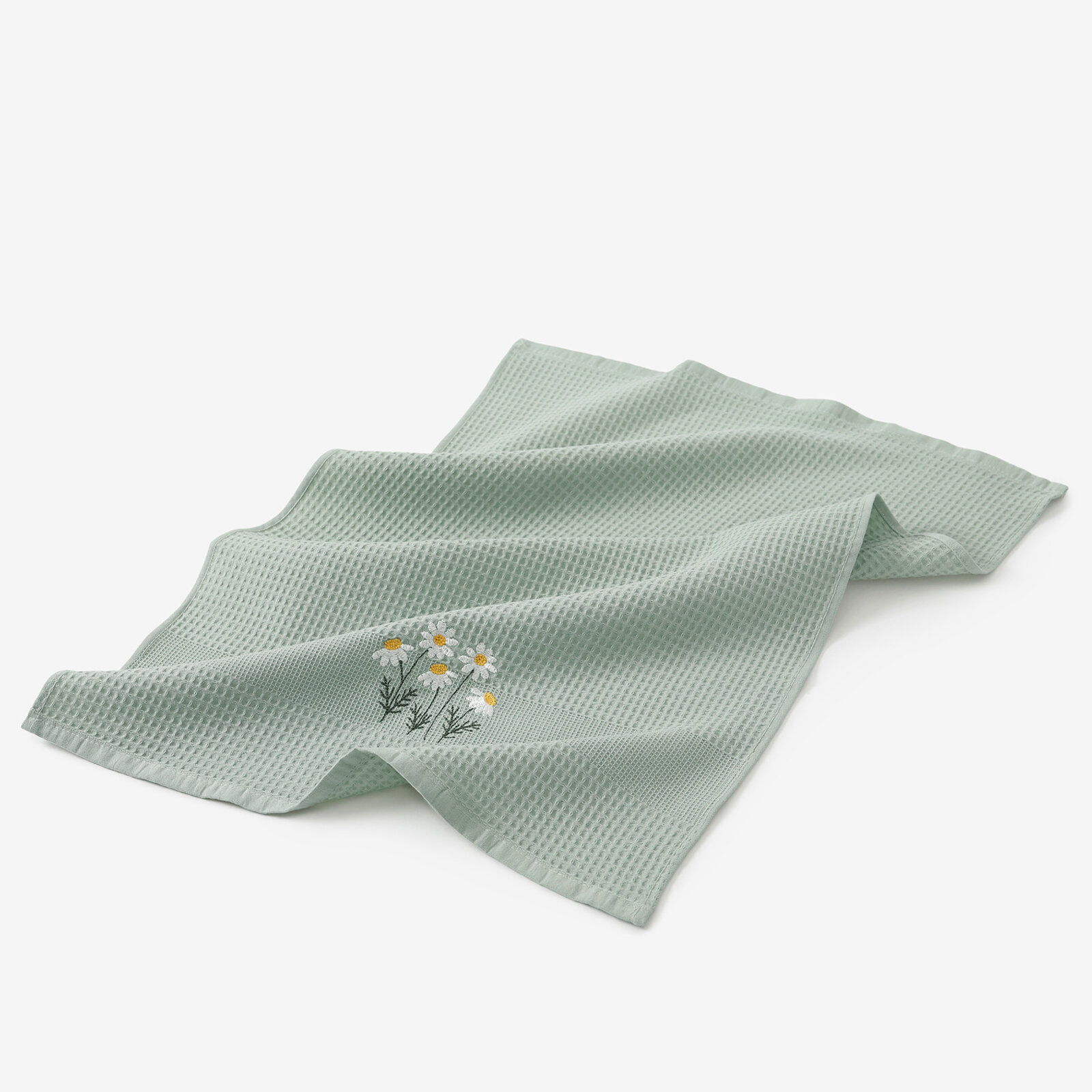 Waffel-Geschirrtuch mit Stickerei - Kamille auf Salbeigrün