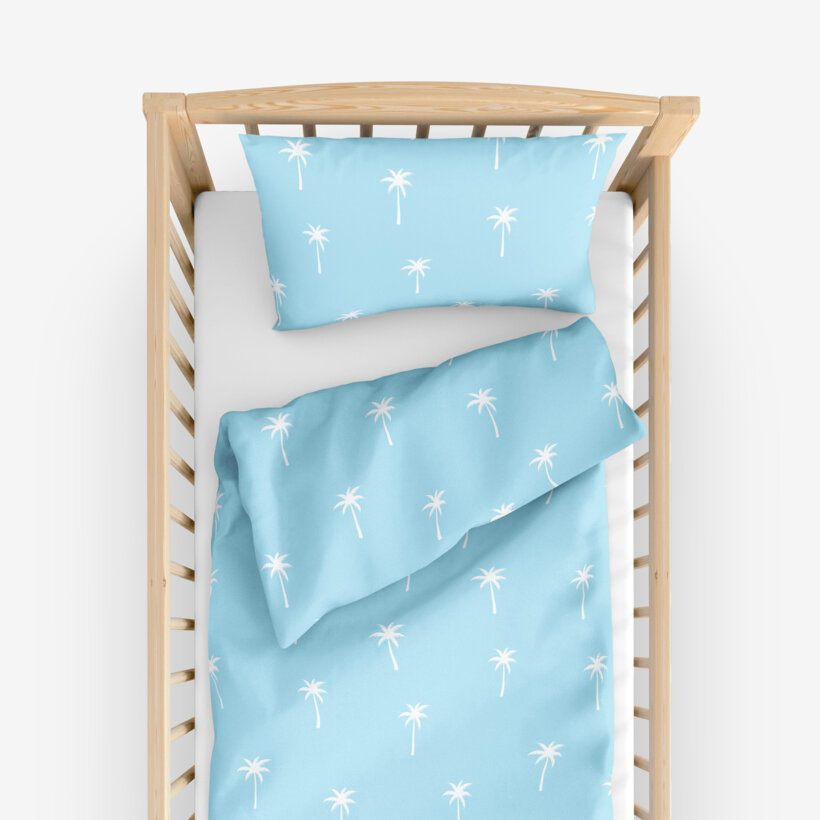 Bettwäsche für Babybetten aus Baumwolle - Palmen auf Pastellblau