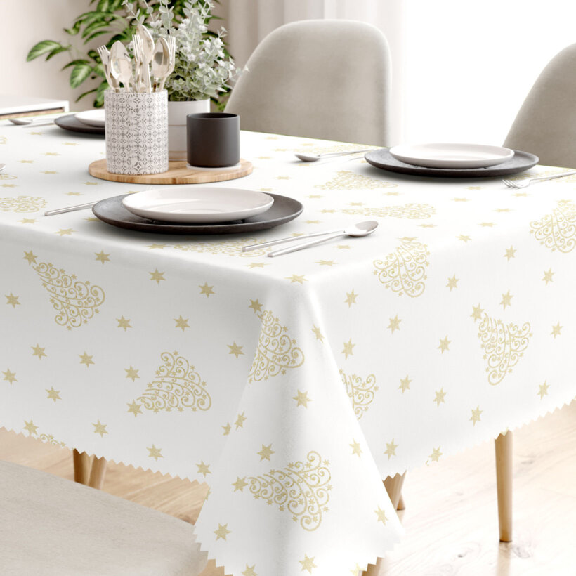 Weihnachtliche eckige Teflon-Tischdecke - Goldene Tannenbäume und Sterne