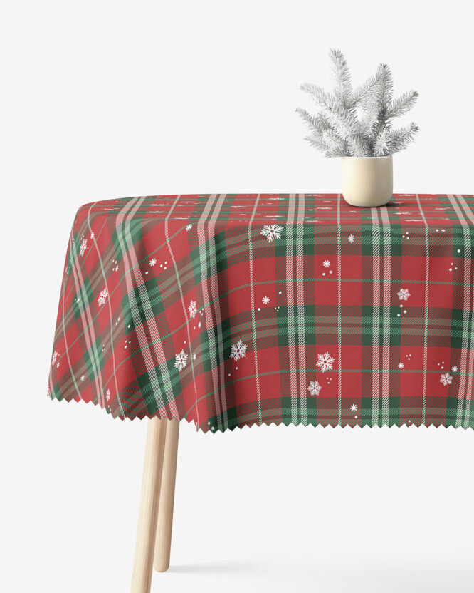 Ovale Weihnachts-Tischdecke Teflon - Rotkariert mit Schneeflocken