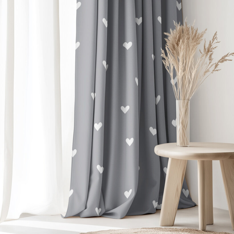 Vorhang aus Baumwolle - Herzchen auf Grau