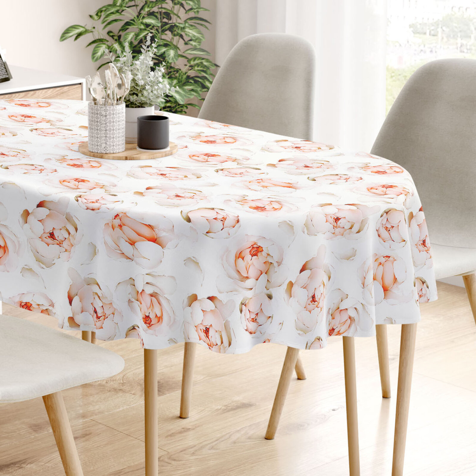 Ovale Tischdecke aus 100% Baumwolle Deluxe - Duft von Pfingstrosen