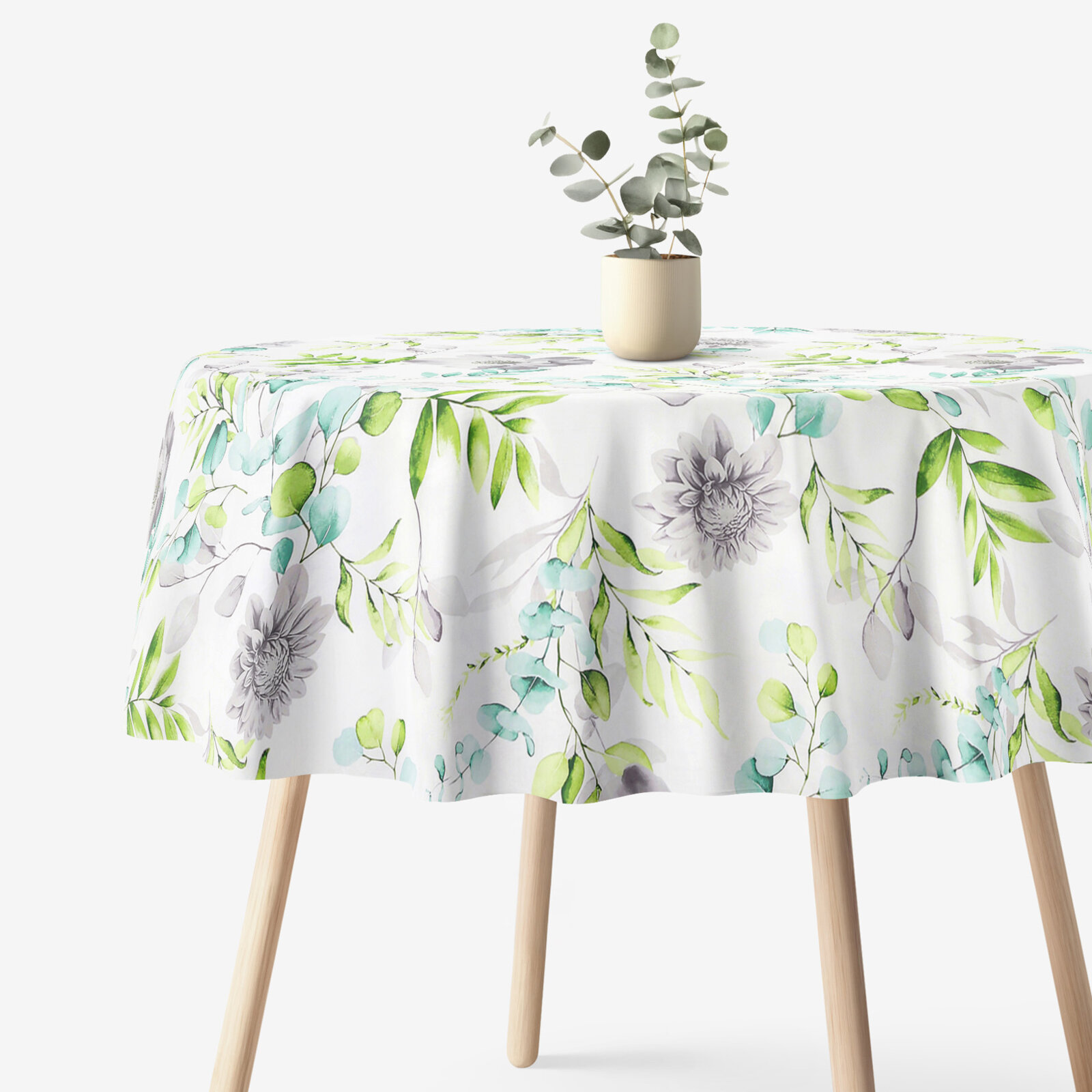 Runde Tischdecke 100% Baumwolle Deluxe - Eukalyptus mit Blumen