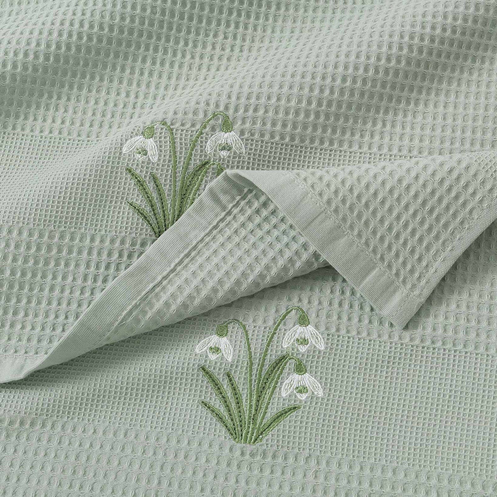 Waffel-Geschirrtuch mit Stickerei - Schneeglöckchen auf Salbei
