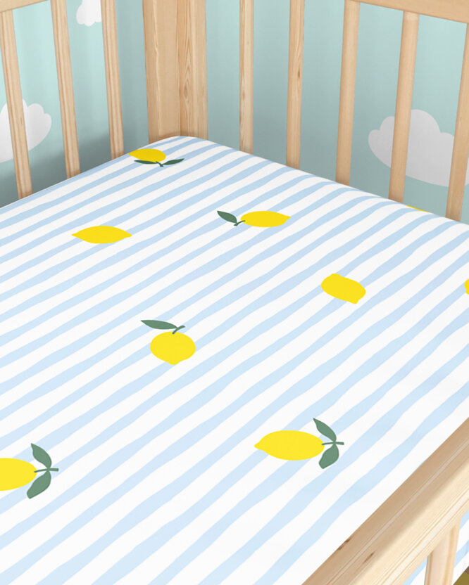 Spannbetttuch aus Baumwolle für Babybetten - Frische Zitronen mit Streifen