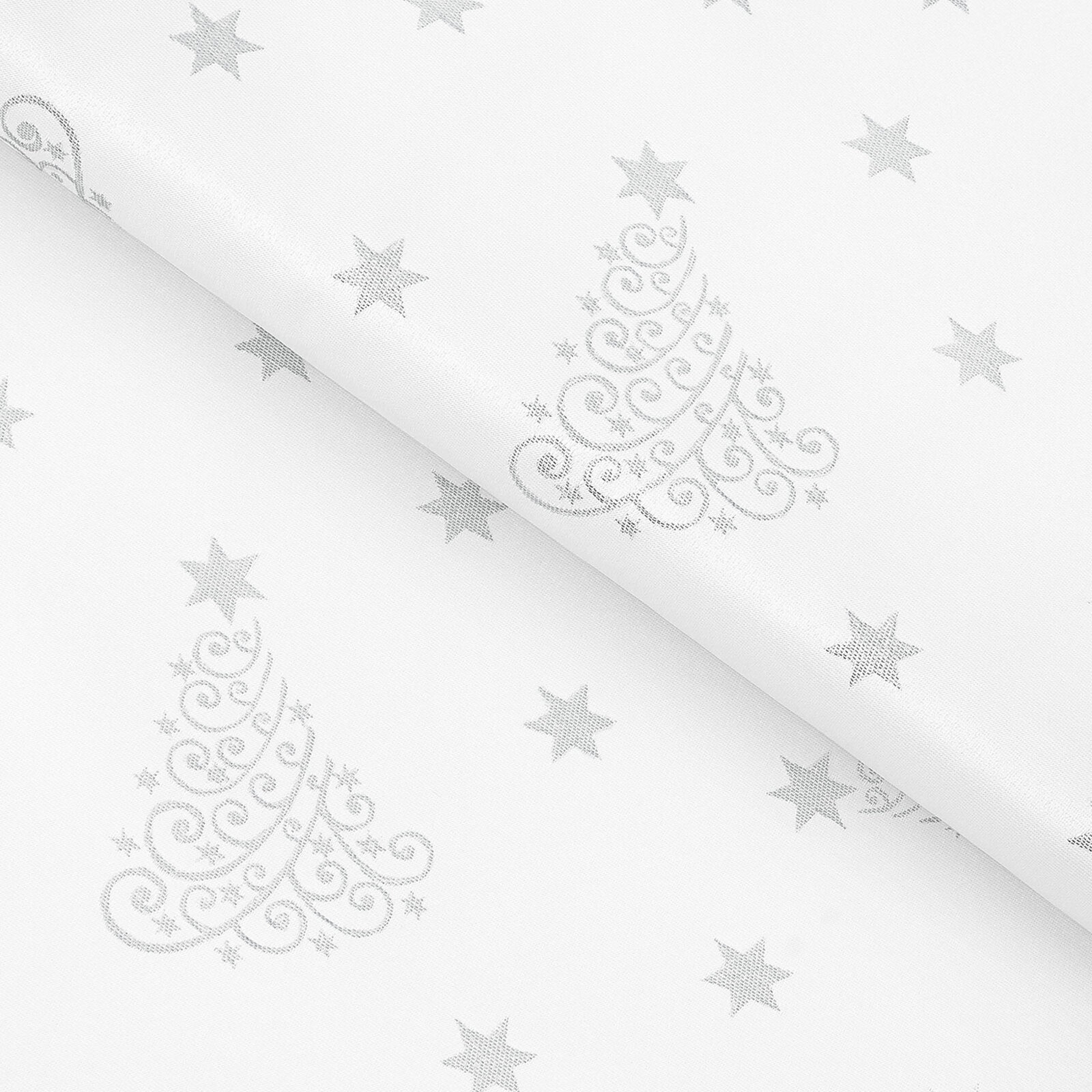 Weihnachtlicher Teflonstoff für Tischdecken – Silberne Tannenbäume und Sterne