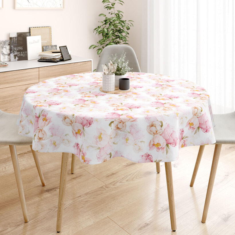 Runde Tischdecke 100% Baumwolle Deluxe - blühende Pfingstrosen