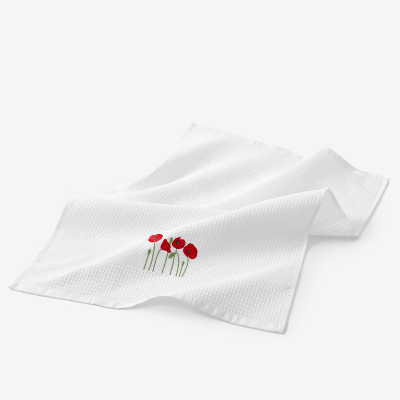 Waffel-Geschirrtuch mit Stickerei - Mohnblumen auf Weiß