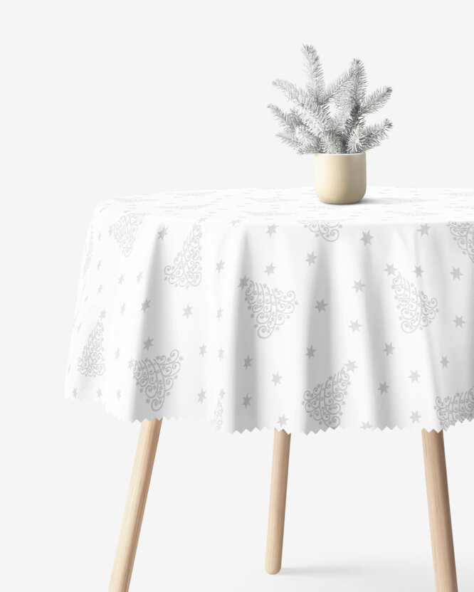 Runde Weihnachts Teflon-Tischdecke - Silberne Tannenbäume und Sterne