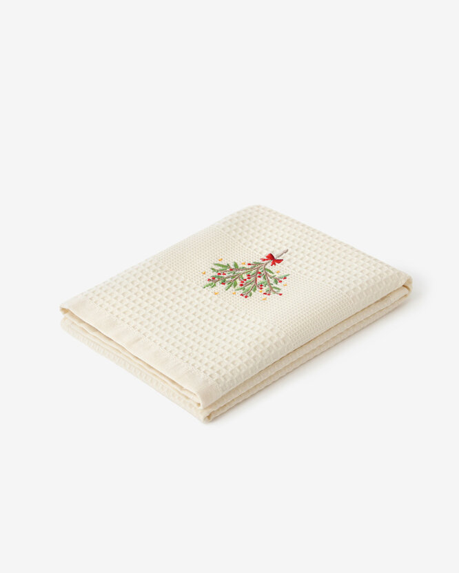 Waffel-Geschirrtuch mit Weihnachtsstickerei - Mistel auf cremefarbenem Grund