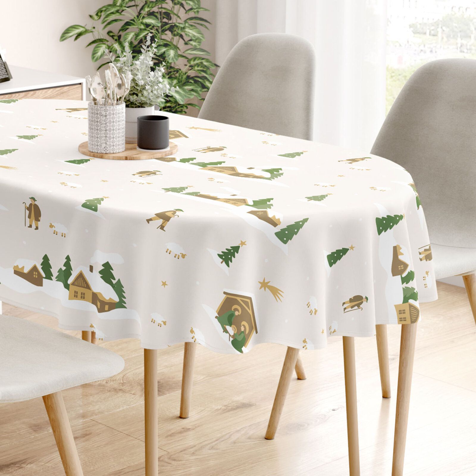 Ovale Weihnachts-Tischdecke aus 100% Baumwolle - Weihnachtslieder