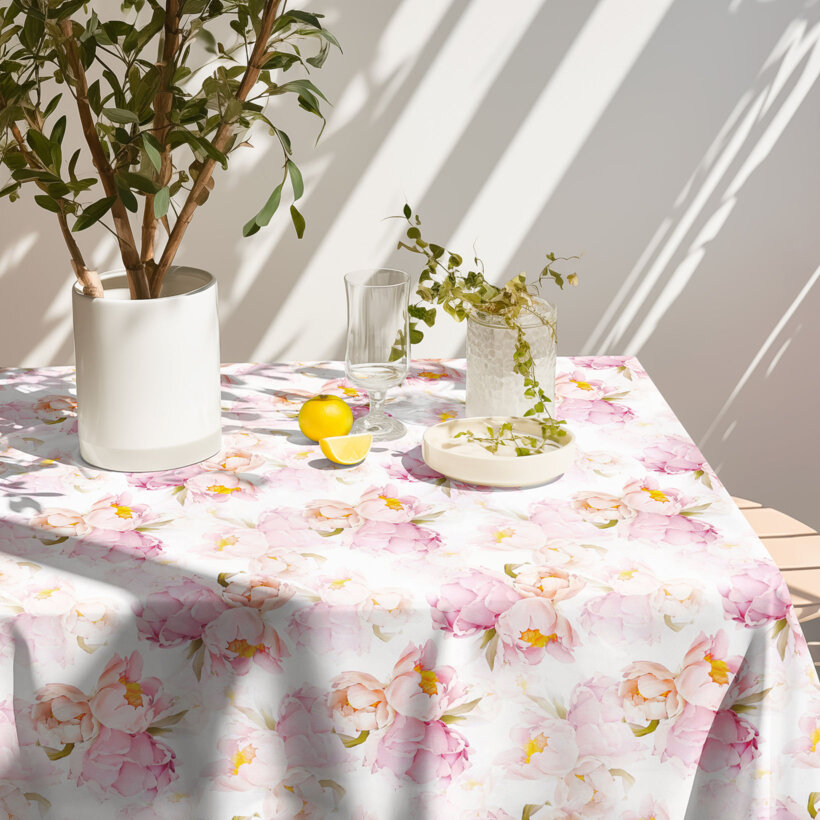 Eckige Tischdecke 100% Baumwolle Deluxe - blühende Pfingstrosen