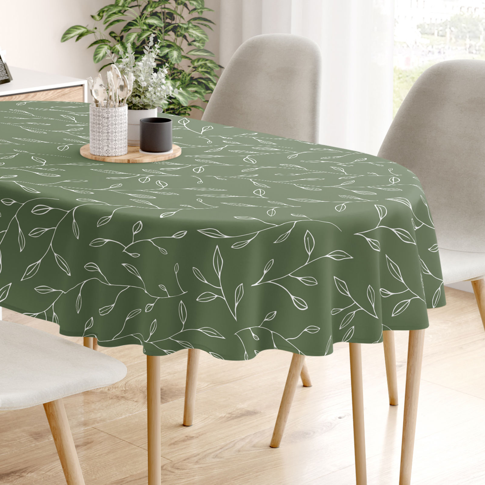 Ovale Tischdecke 100% Baumwolle - Teeblätter