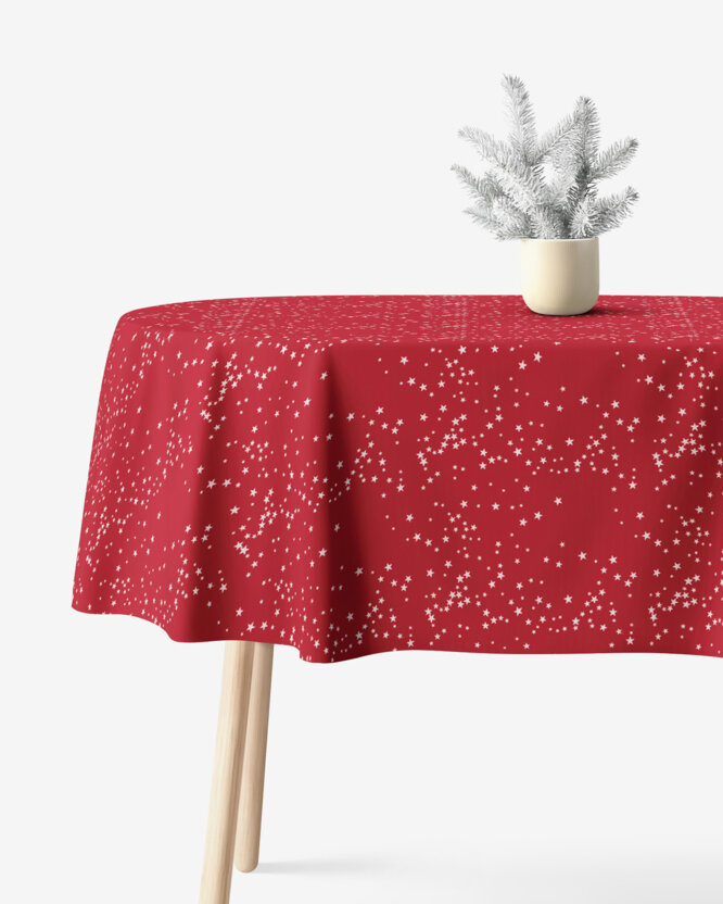 Ovale Weihnachts-Tischdecke Valencia – Sterne auf rotem Hintergrund