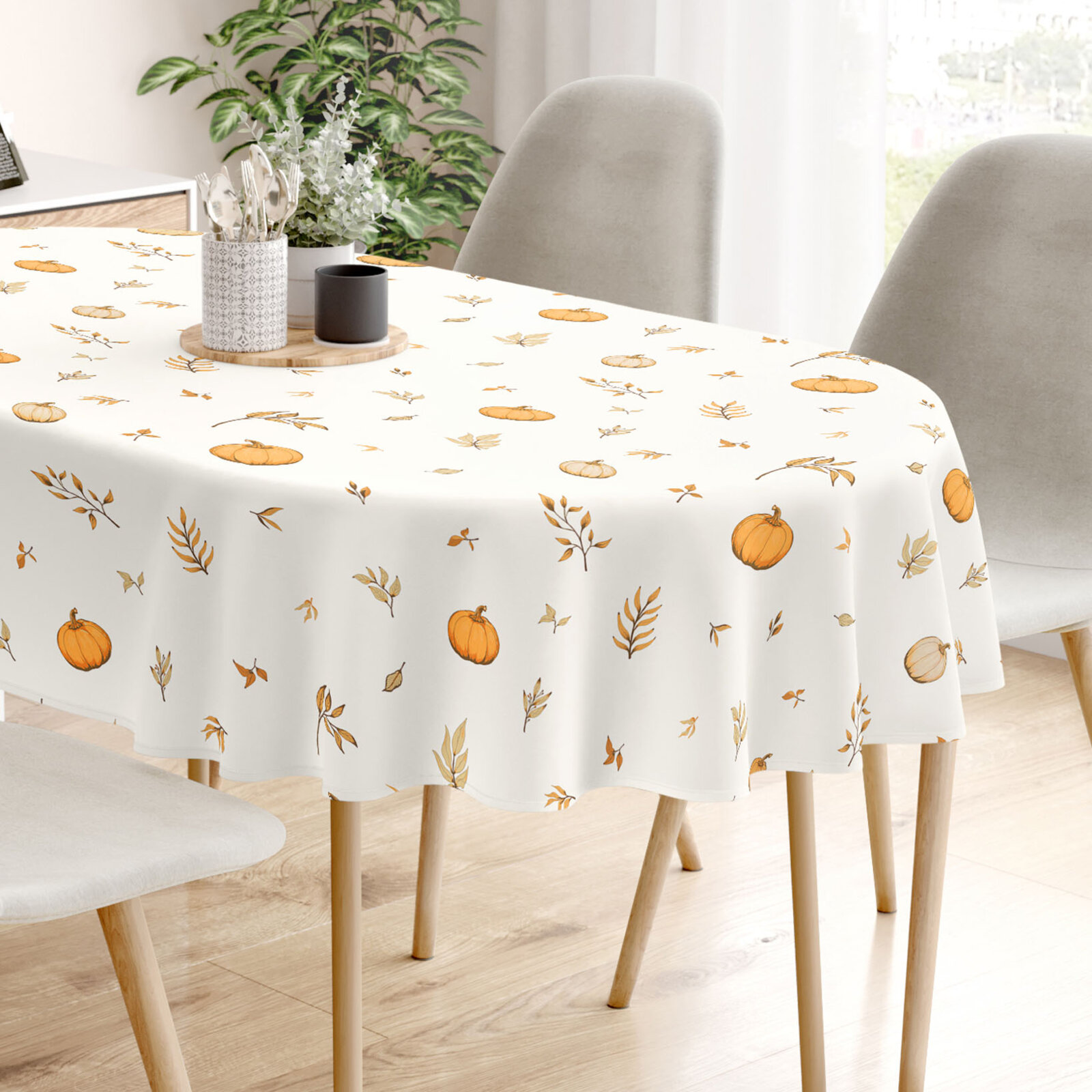 Ovale Tischdecke aus 100% Baumwolle - Herbstkürbisse und Blätter