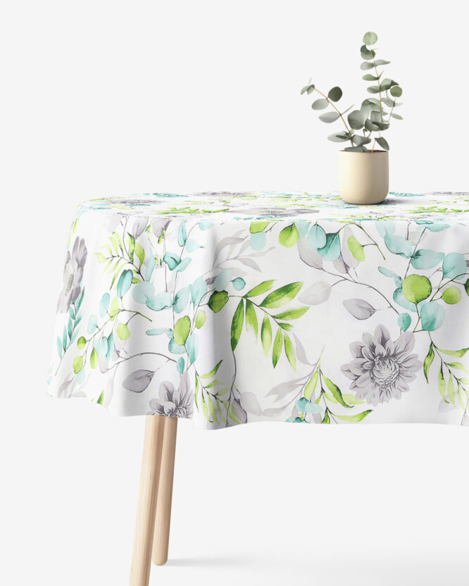 Ovale Tischdecke aus 100% Baumwolle Deluxe - Eukalyptus mit Blumen
