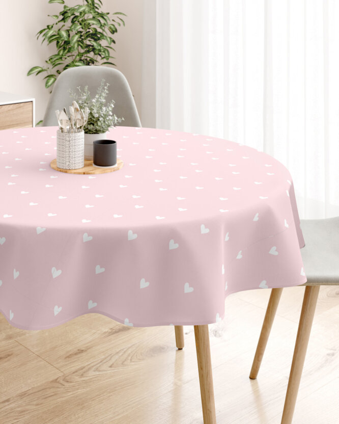 Runde Tischdecke 100% Baumwolle - Herzchen auf Puderrosa