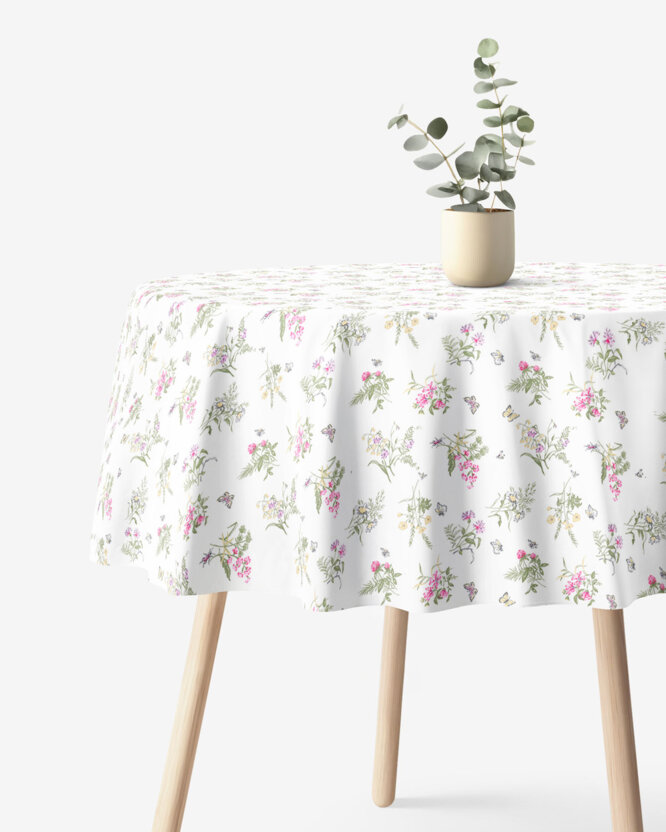 Runde Tischdecke 100% Baumwolle - Bunte Wiesenblumen auf Weiß