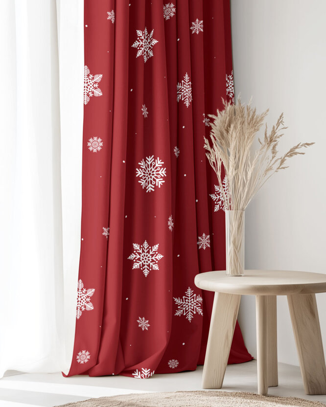 Weihnachtlicher Vorhang aus Baumwolle - Schneeflocken auf Rot