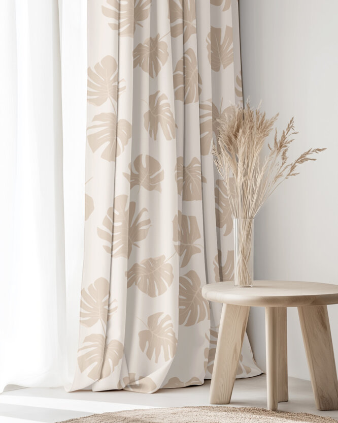 Vorhang aus Baumwolle - Tropische Blätter auf Beige
