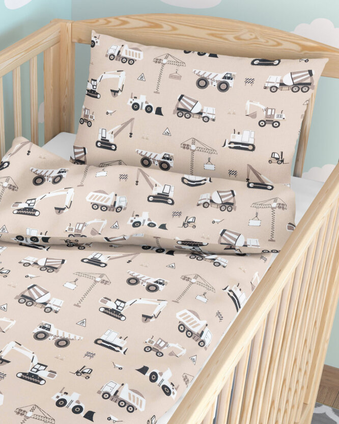 Bettwäsche für Babybetten aus Baumwolle - Lastwagen und Bagger auf Beige