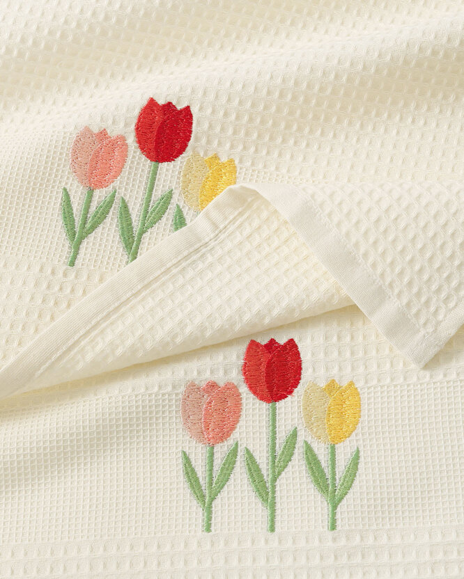 Waffel-Geschirrtuch mit Stickerei - Tulpen auf Creme