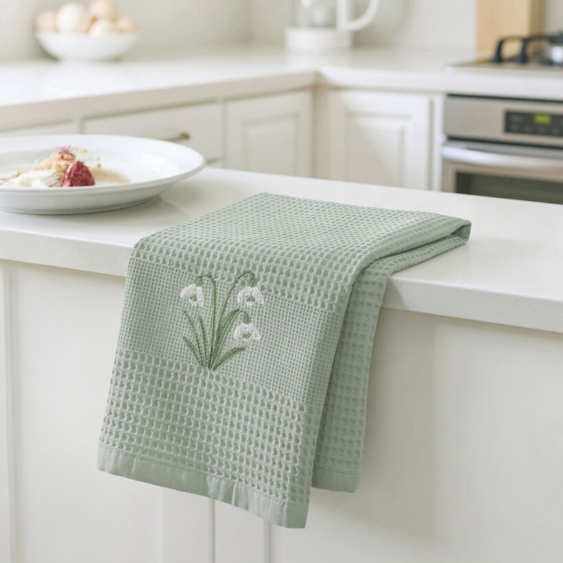 Waffel-Geschirrtuch mit Stickerei - Schneeglöckchen auf Salbei