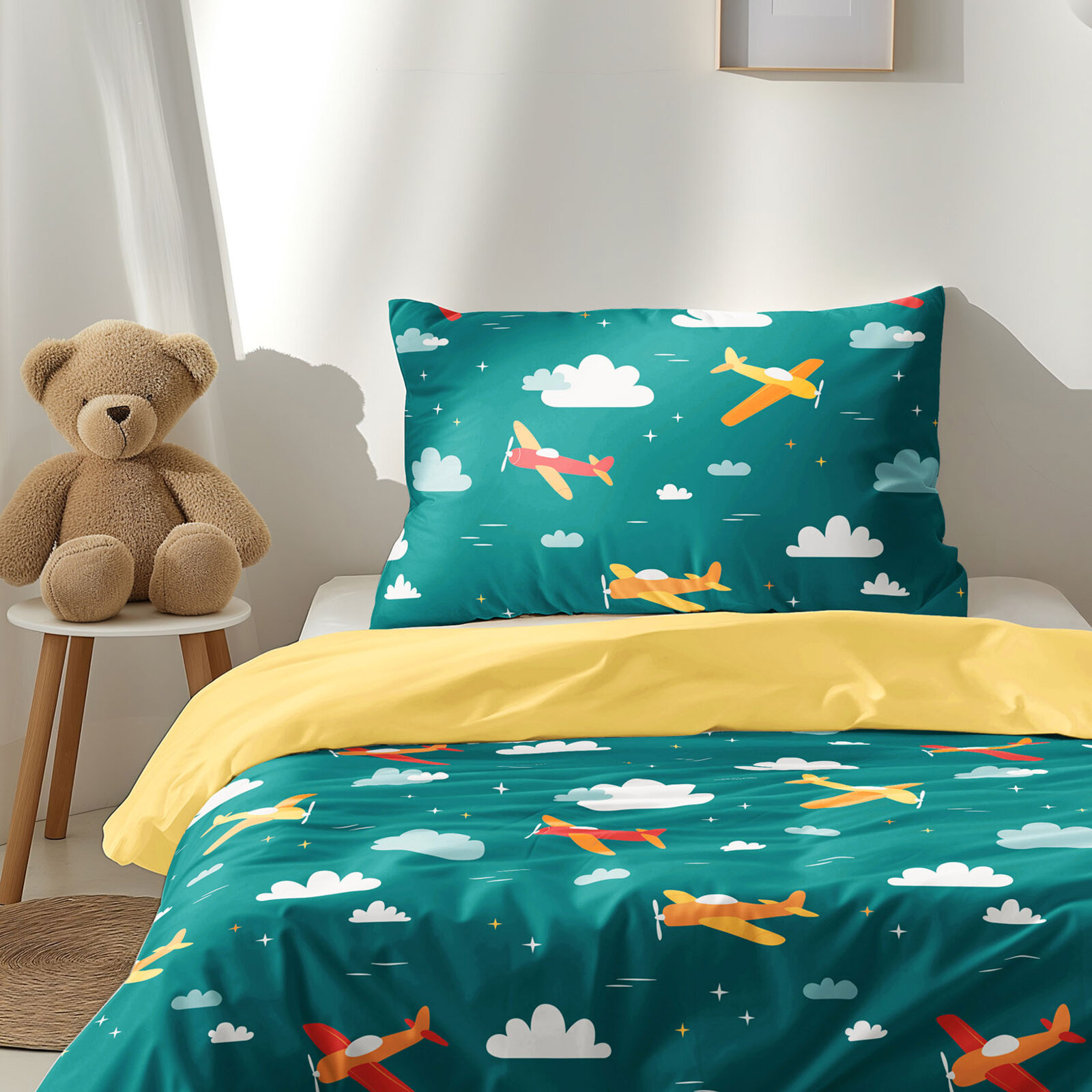 Kinder-Bettwäsche aus Baumwolle Duo - Abenteuer in der Luft mit gelb