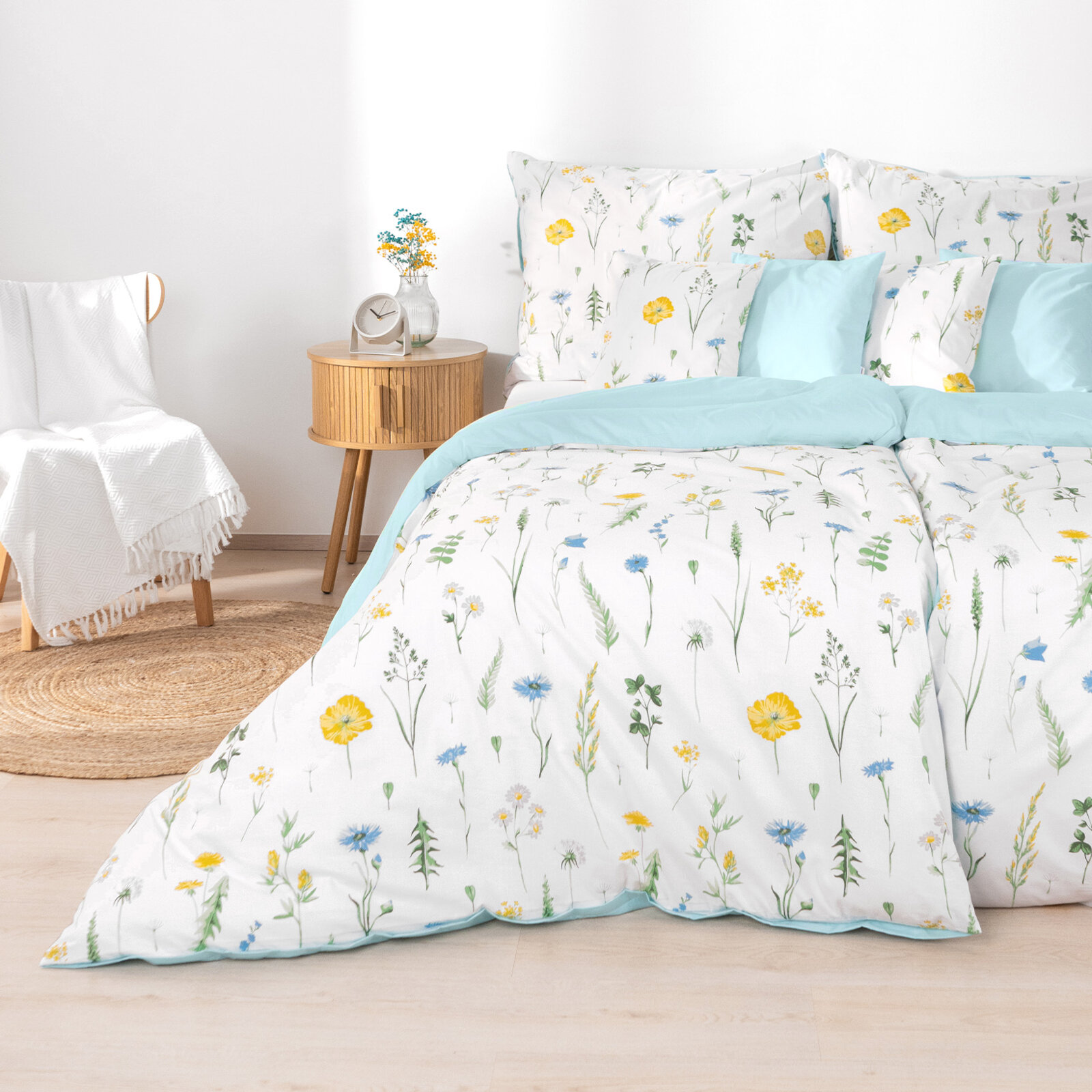 Bettwäsche aus Baumwolle Duo - Sommerwiese mit himmelblau