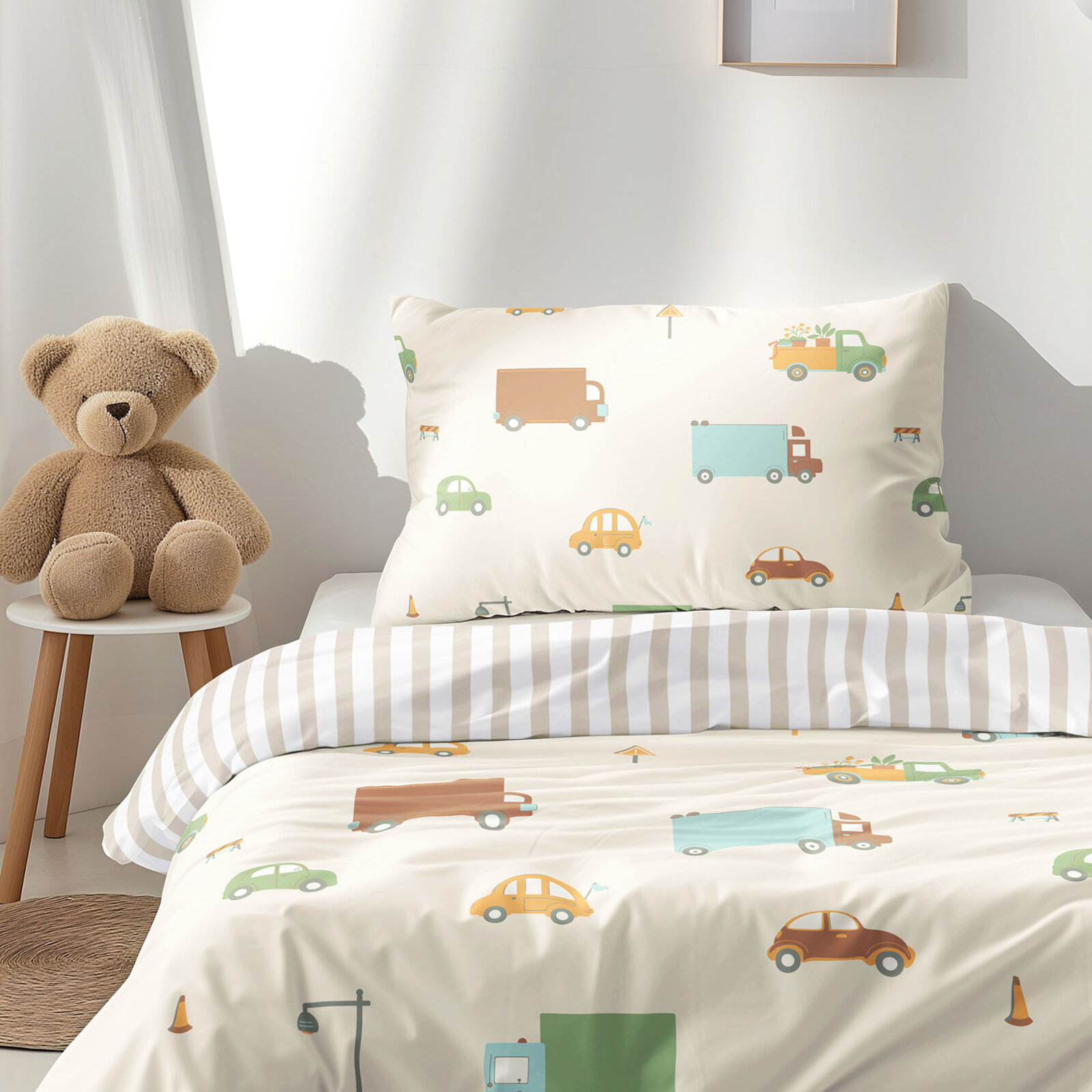 Kinder-Bettwäsche aus Baumwolle - Welt der Autos mit latte Streifen