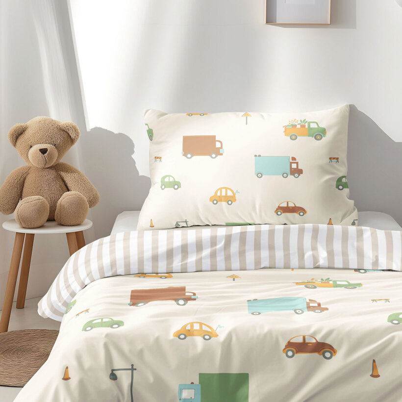 Kinder-Bettwäsche aus Baumwolle - Welt der Autos mit latte Streifen