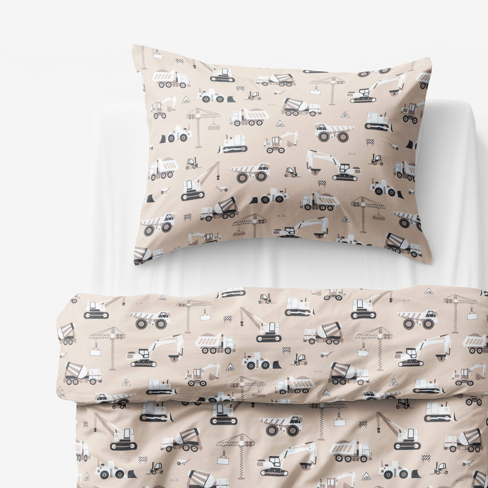 Kinder - Bettwäsche aus Baumwolle - Lastwagen und Bagger auf Beige
