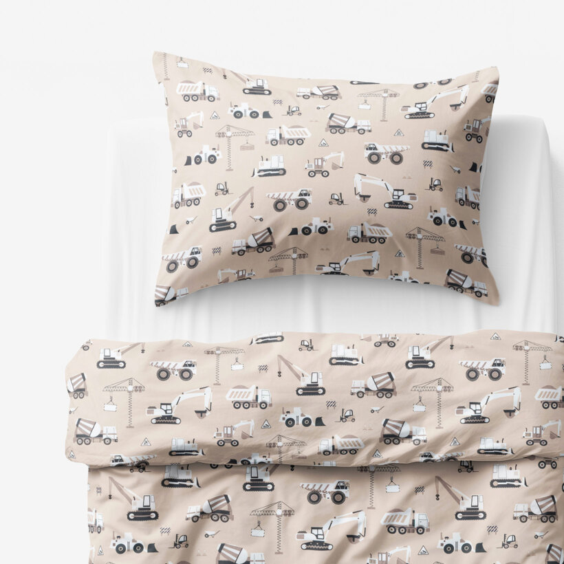 Kinder - Bettwäsche aus Baumwolle - Lastwagen und Bagger auf Beige