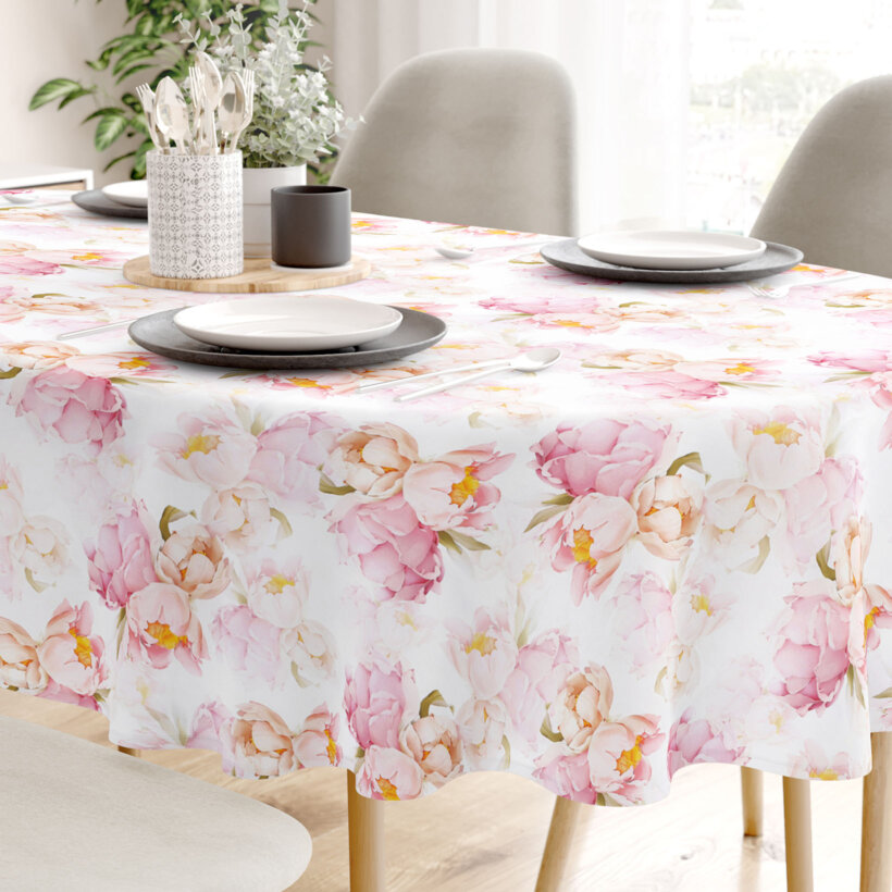 Ovale Tischdecke aus 100% Baumwolle Deluxe - blühende Pfingstrosen