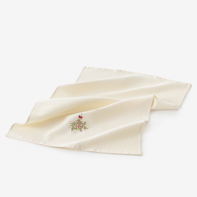 Waffel-Geschirrtuch mit Weihnachtsstickerei - Mistel auf cremefarbenem Grund