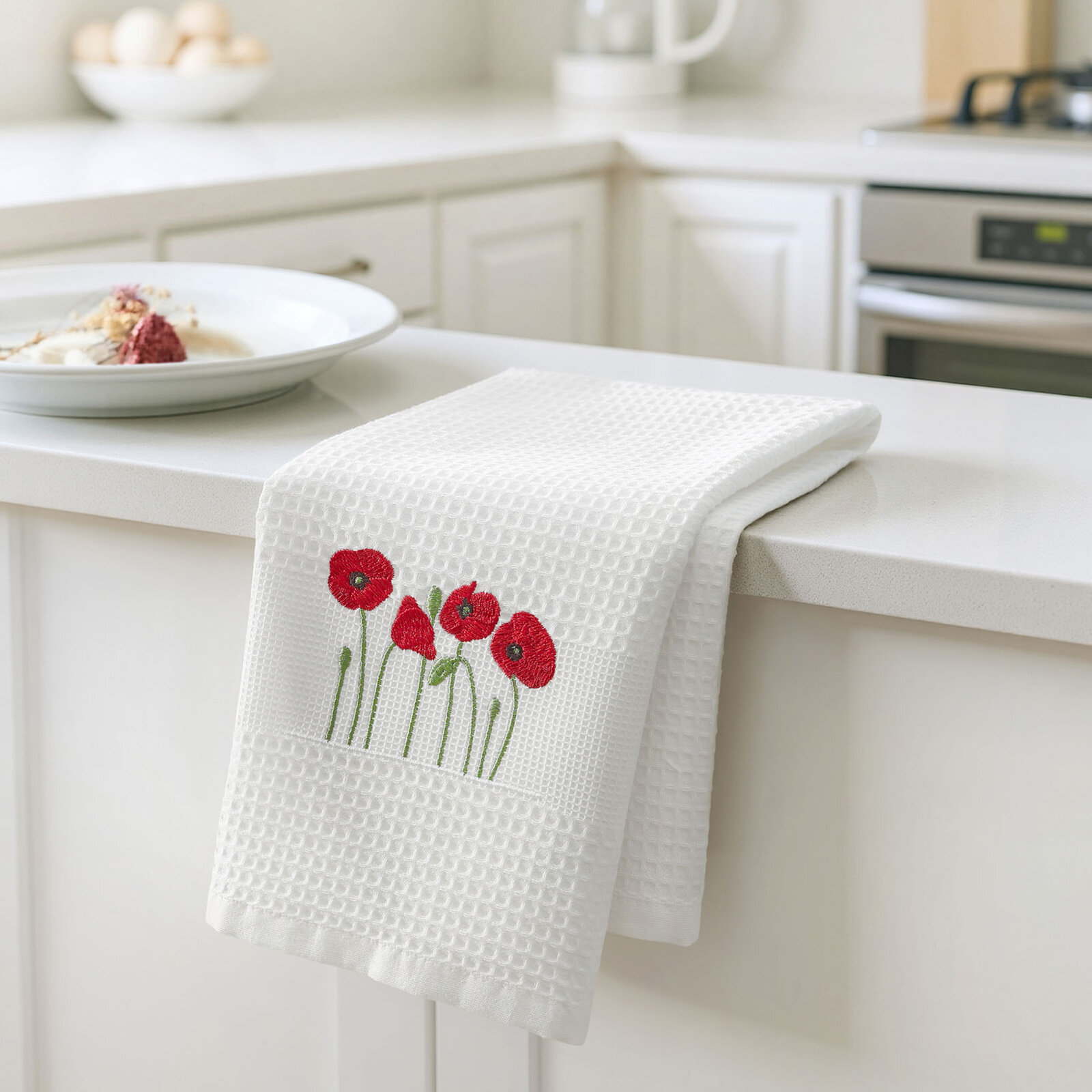 Waffel-Geschirrtuch mit Stickerei - Mohnblumen auf Weiß