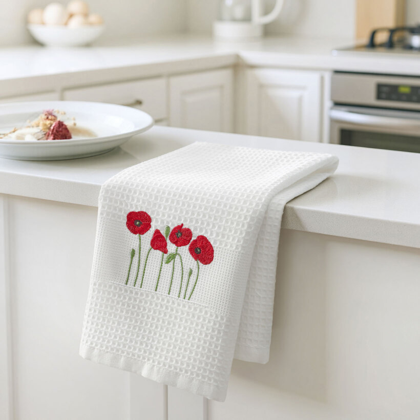 Waffel-Geschirrtuch mit Stickerei - Mohnblumen auf Weiß