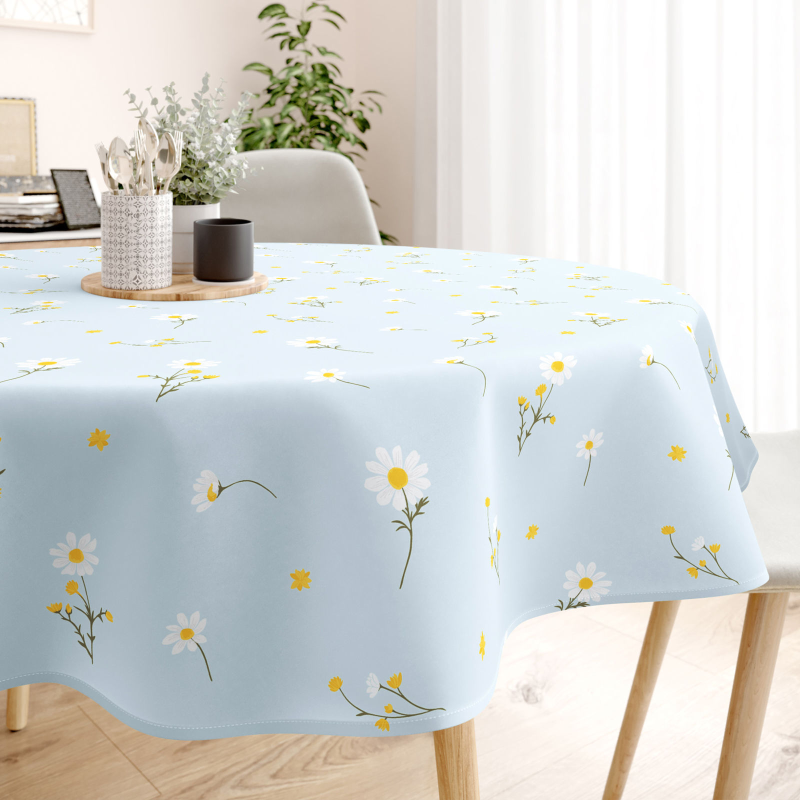 Runde Tischdecke 100% Baumwolle - Kamille auf Hellblau