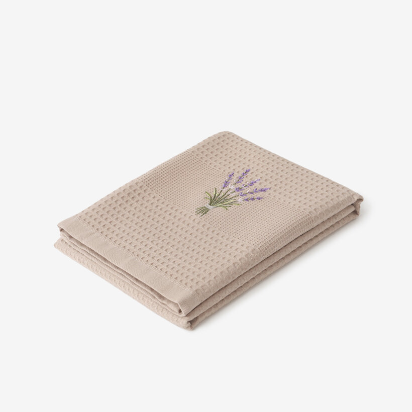 Waffel-Geschirrtuch mit Stickerei - Lavendel auf Braun
