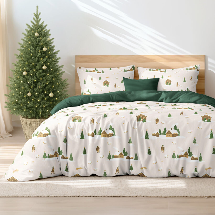 Weihnachts-Bettwäsche aus Baumwolle Duo - Weihnachtslieder mit Dunkelgrün