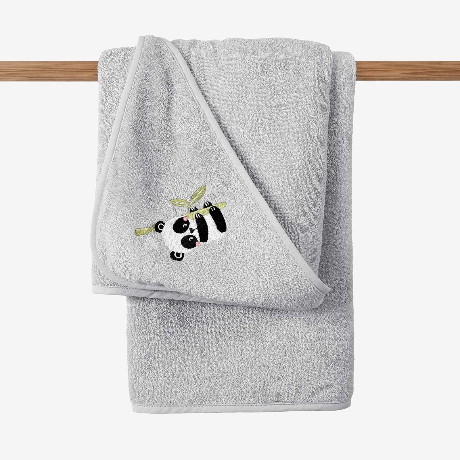 Frottee Babybadetuch mit Kapuze - Panda auf Hellgrau