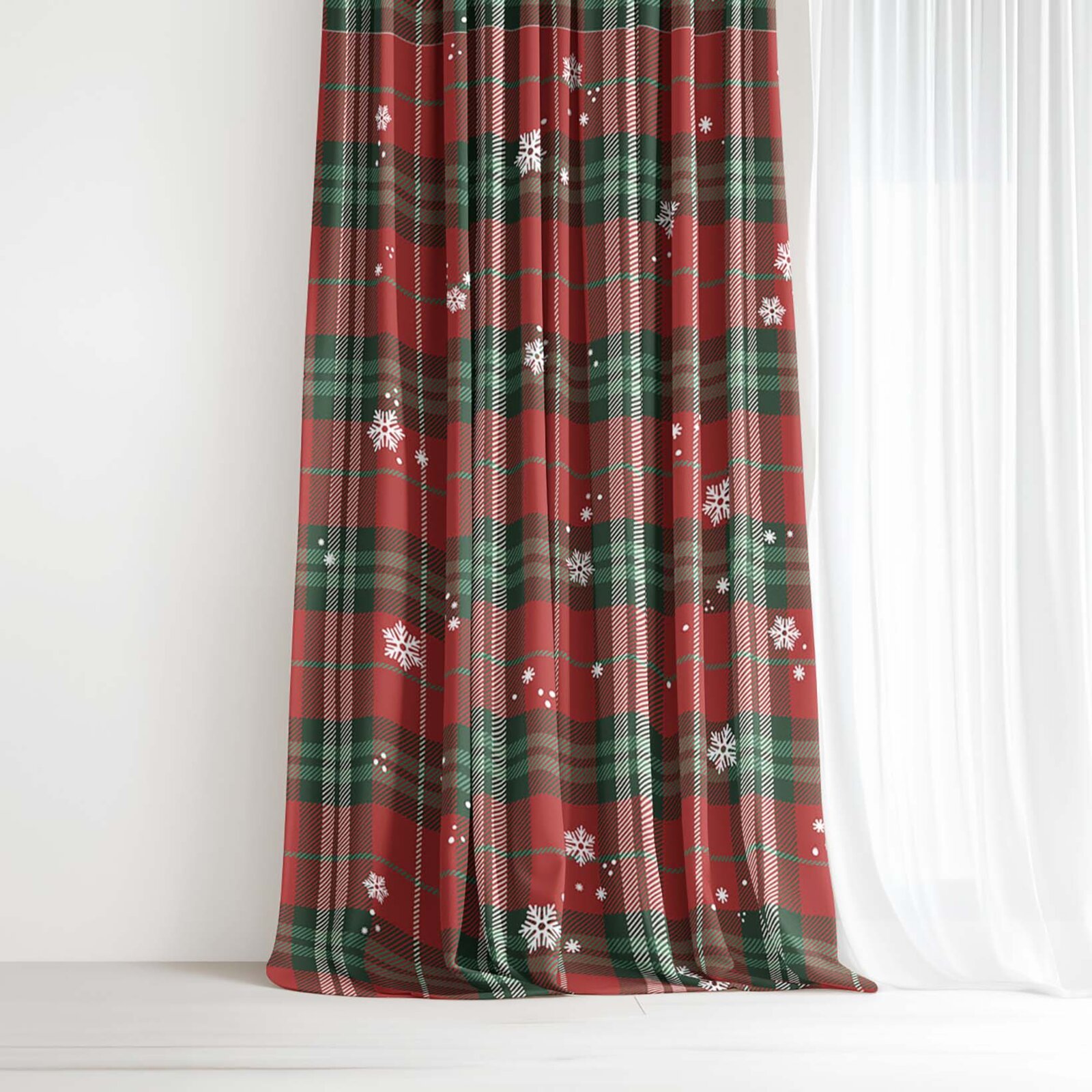 Weihnachtlicher Dekorativer Vorhang – Rotkariert mit Schneeflocken