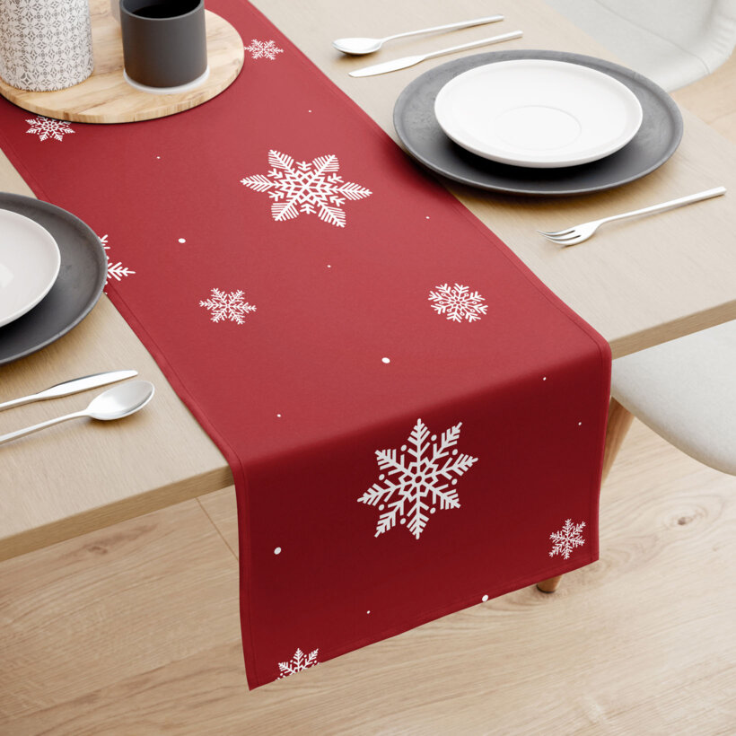 Weihnachtlicher Tischläufer aus 100% Baumwolle - Schneeflocken auf Rot